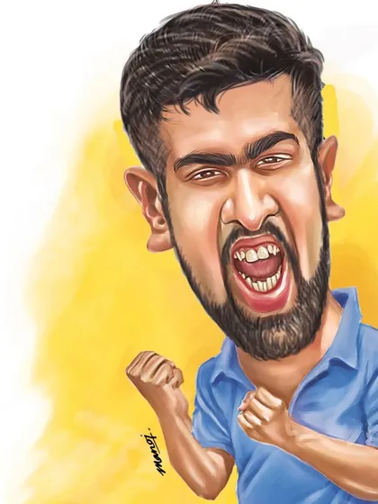 A caricature capturing the intense expression of cricketer R. Ashwin.