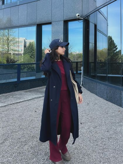 Another angle of the coord set and trench coat, showing how the outfit moves.