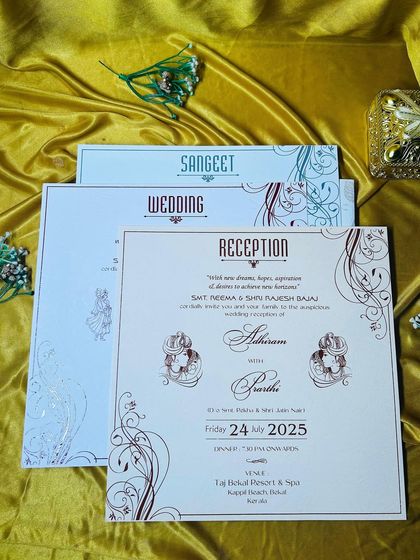 Even the inserts carry a touch of elegance. Here, you can see how different colored papers and classic typography are used for the Sangeet, Wedding, and Reception cards.