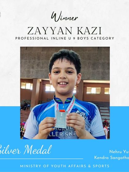 Zayyan Kazi proudly shows off his silver medal from the Professional Inline U-9 Boys category at the NYKS competition. A great performance from a rising star.