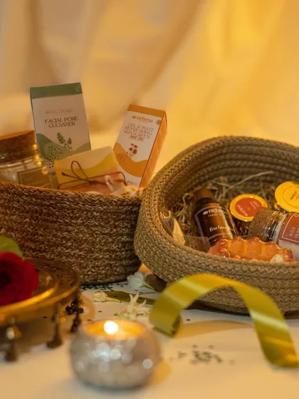 I love using these reusable jute baskets for my gift hampers. They are eco-friendly and can be filled with any combination of my products, as seen here with two different curated sets ready for Diwali.