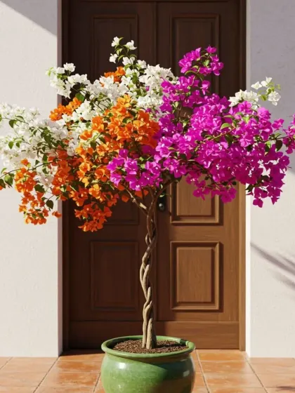 A beautifully composed shot of a multi-colored bougainvillea in a green pot, set against a clean wall and door. This shows how elegant and impactful these trees can be as a decorative element for an entrance or patio.