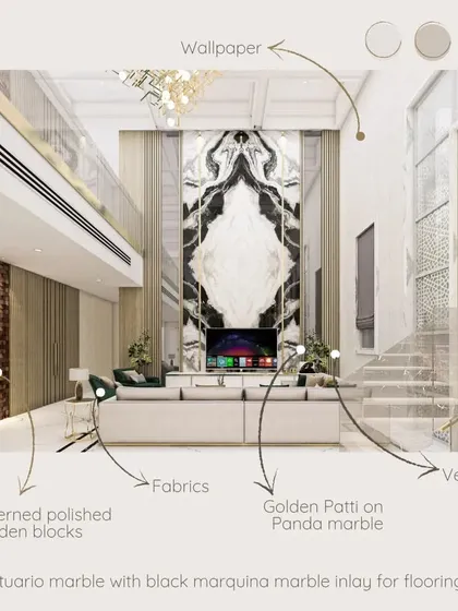 A design visualization for the Afsar Sheikh residence in Nagpur, detailing the material palette. We used patterned wood, panda marble with golden patti inlay, and specific fabrics to create a cohesive and luxurious double-height living space.