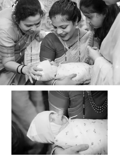 Candid black and white photos from a naming ceremony, capturing the family's joy and admiration as they gather around the newborn.