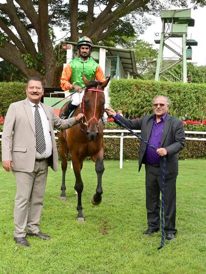 Power of Beauty, with jockey Antony Raj.S, is pictured with its owners after winning The Admiral Henry John Rous Trophy.