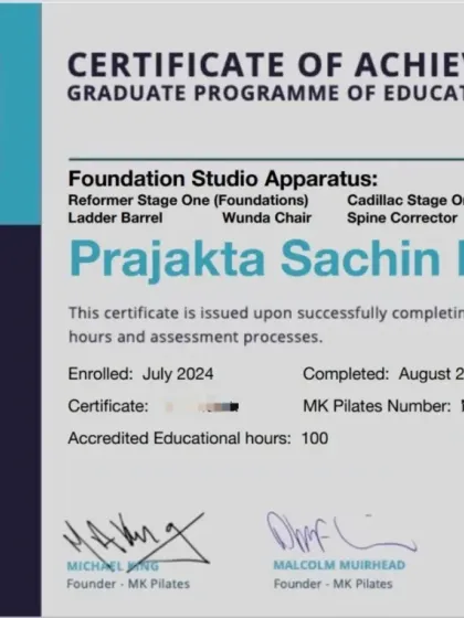 I believe in lifelong learning to bring the best to my clients. This certification in Apparatus Pilates from the renowned Michael King Pilates Institute is a testament to my commitment to deepening my expertise in using equipment like the Reformer, Cadillac, and Wunda Chair for effective training.