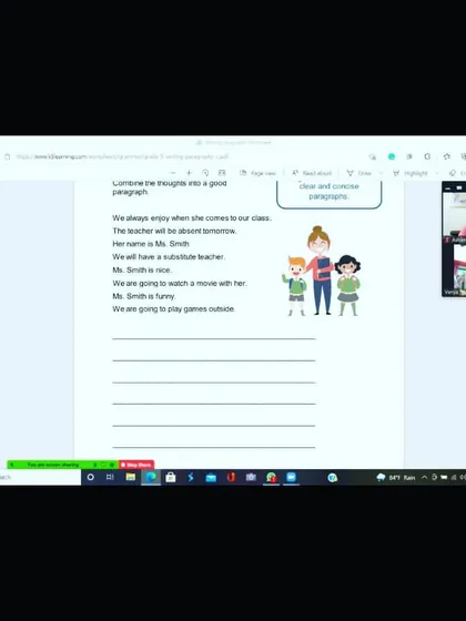 This screenshot from a live class shows an exercise on paragraph writing. I teach students how to combine simple sentences into a clear and concise paragraph, an essential skill for effective communication.