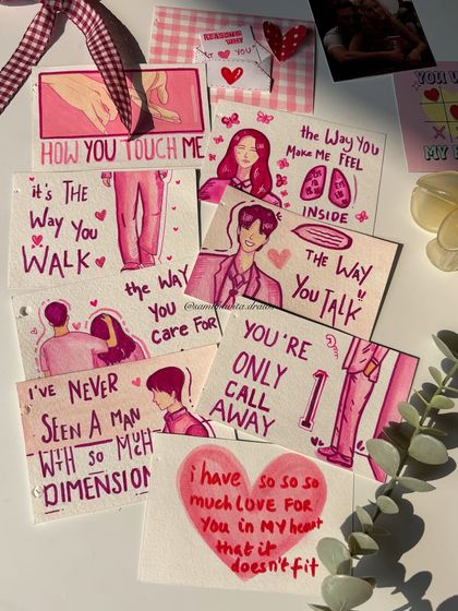 A flat lay of all the pages from the Valentine's scrapbook. You can see how they all come together to tell a cohesive, romantic story.