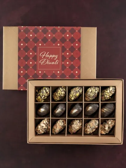 Our Dry Fruit Dates are a healthier yet indulgent option for Diwali. Each date is stuffed with nuts and coated in chocolate, with no added sugar.