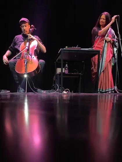 Performing live with my dear friend and collaborator, German cellist Andi Otto. Our music blends Kannada poetry with electronic soundscapes, a journey we have shared on stages across Europe and India.