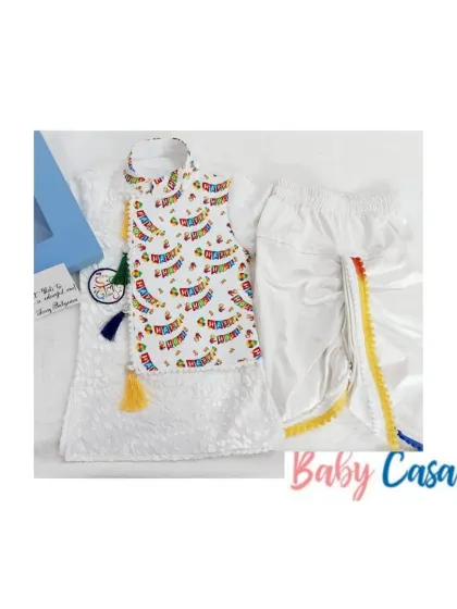 Celebrate Holi in color and cuteness. This white kurta and dhoti set with a colorful printed vest is the perfect outfit for your little one's Holi celebration.