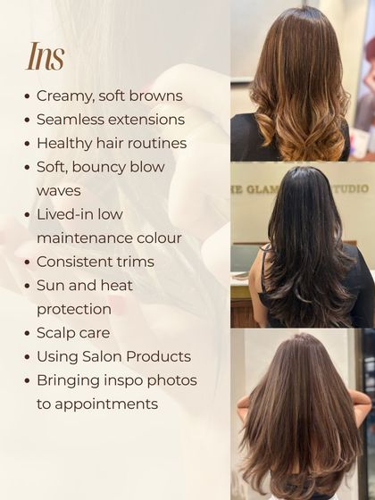 Here are the "ins" for great hair. We're loving creamy browns, consistent trims, using salon products, and always protecting your hair from sun and heat.