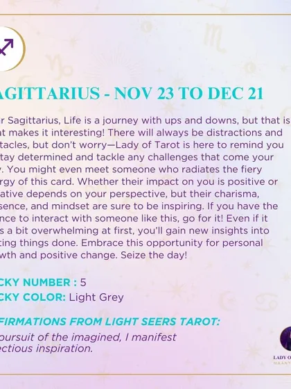 A weekly tarot forecast for Sagittarius. Life is a journey with ups and downs. Lady of Tarot is here to remind you to stay determined and tackle any challenges.