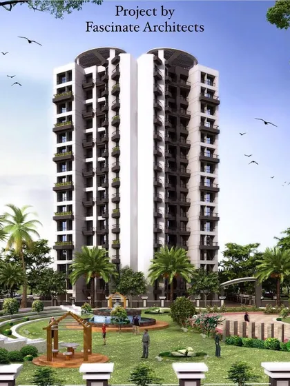 A perspective of "Deluxe Homes" showcasing the building's relationship with its landscaped garden and recreational areas. This view illustrates how I integrate green spaces into the design of large residential towers.