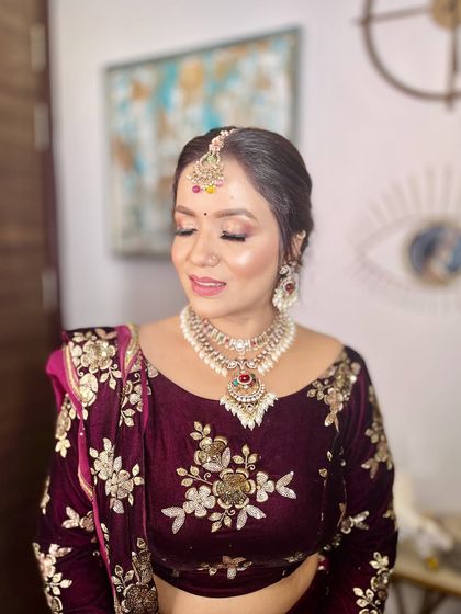 A close-up of the soft, shimmery eye makeup.