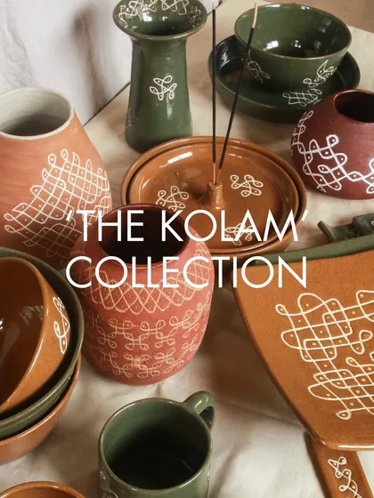 The 'Kolam' collection is a celebration of my deep respect for craft and culture. These pieces are adorned with the intricate, continuous line patterns of Kolam, a tradition from my hometown.