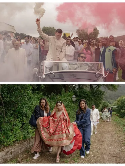A collage from Sheline and Kingsley's Hindu wedding ceremony in Portugal. The groom's colorful baraat in a vintage car and the bride's walk through nature capture the beauty of their destination wedding.