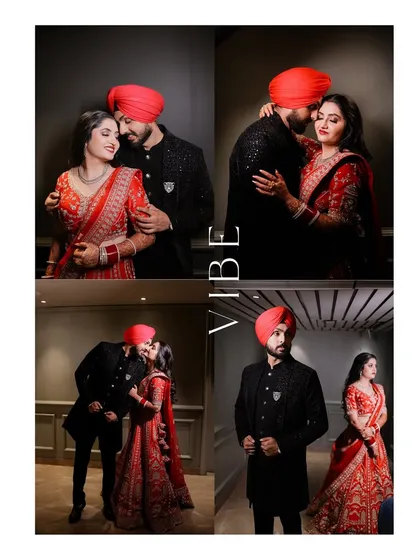 A collage of a Sikh couple, showcasing a variety of portraits from their wedding day. It captures their loving interactions and stylish outfits, reflecting the "vibe" of their celebration.
