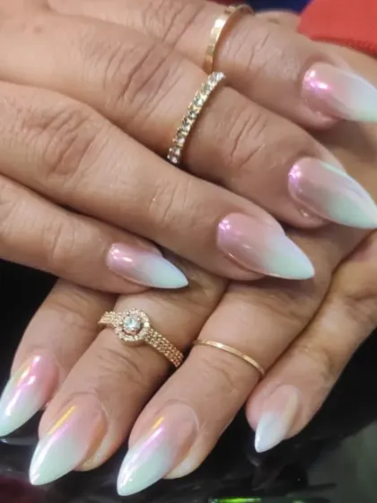 Another angle of the iridescent pink and white ombre, capturing the light beautifully.