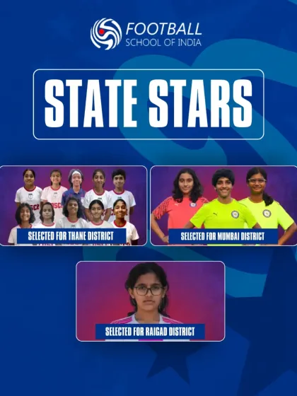 Our State Stars. A graphic celebrating the many FSI players selected for Thane, Mumbai, and Raigad district teams.