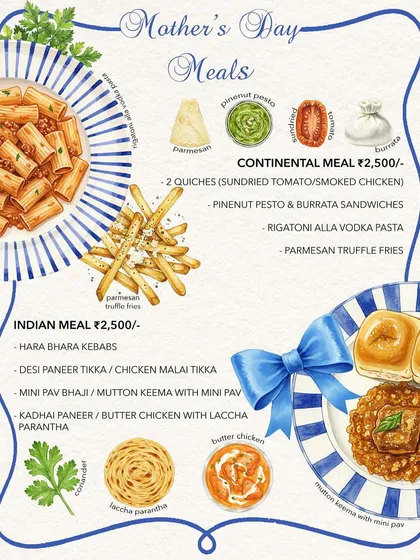 Our special illustrated menu for Mother's Day, showcasing the Continental and Indian meal options we offered. We love creating these beautiful menus for special occasions.