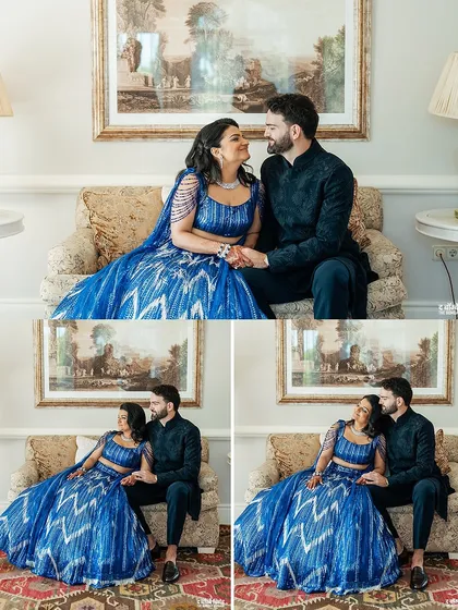 A collage of moments from the "Feria De Sangeet" in Spain. The bride's vibrant blue lehenga and the groom's classic midnight blue achkan created a stunning visual story.