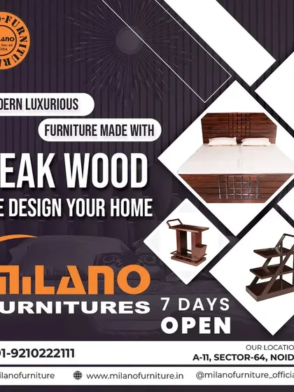 This graphic highlights our expertise in creating modern, luxurious furniture from Teakwood. We design for your entire home, ensuring every piece is built to last.
