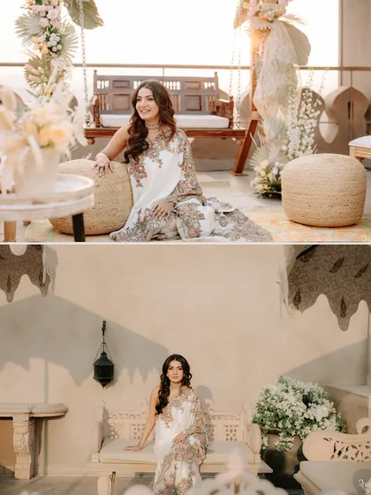 A collection of bridal portraits of Radheeka at Fairmont Jaipur. The soft sunset light and elegant decor create a dreamy, romantic atmosphere for her welcome event.