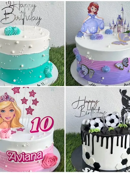 A collage showing some of our popular kids' themes, including a Barbie cake, a princess cake, and a football cake.