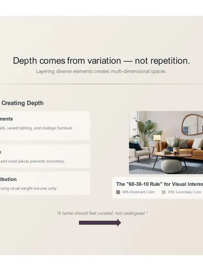 Depth comes from variation, not repetition. This guide explains how we use techniques like layering elements, varying scale, and the 60-30-10 color rule to create multi-dimensional, visually interesting spaces.