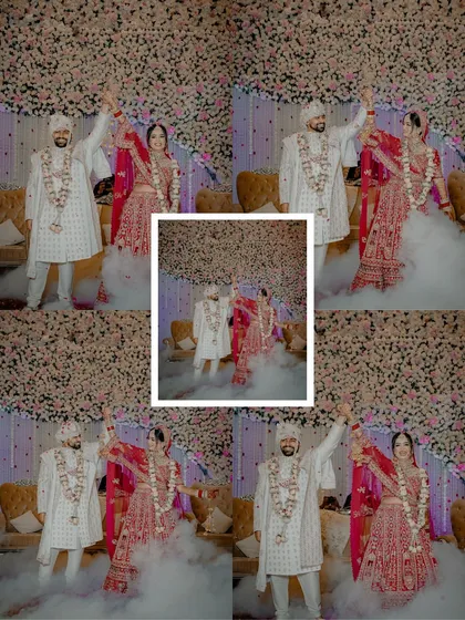 A creative collage of the couple's grand entry on stage, surrounded by smoke, creating a dramatic and celebratory effect.