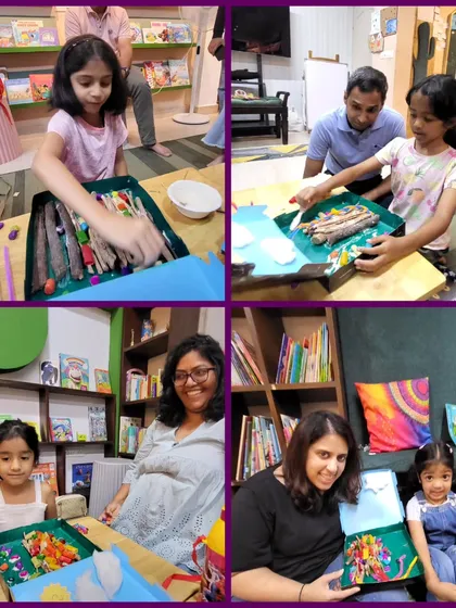 A collage showcasing the various creative stations at our Gruffalo party. Children are seen building creature habitats in boxes and posing with their finished projects alongside their parents.