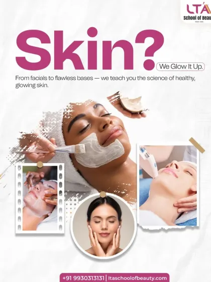 This collage showcases the core of our skincare curriculum. We teach you the science behind achieving healthy, glowing skin, from performing professional facials to creating the perfect base for makeup application.