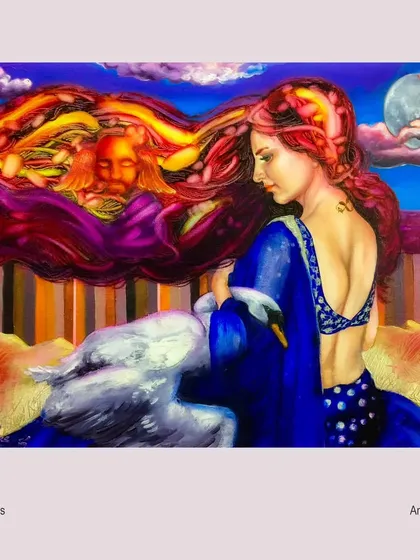 Titled "Dream 2," this oil on canvas explores the inner world of a woman. The swan represents grace and the surreal landscape in her hair signifies the vastness of her thoughts and dreams.