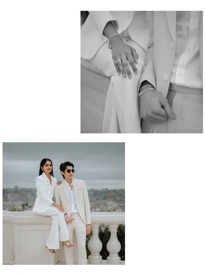 A collage showcasing both a full-length portrait and a close-up of the couple's hands. This style highlights the details, from their coordinated outfits to the engagement ring.