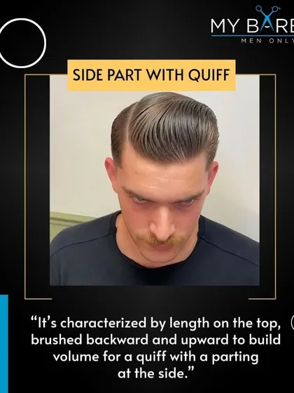 The Side Part with Quiff is a timeless, classic look. It features length on top brushed back for volume with a clean parting on the side for a sharp, professional appearance.