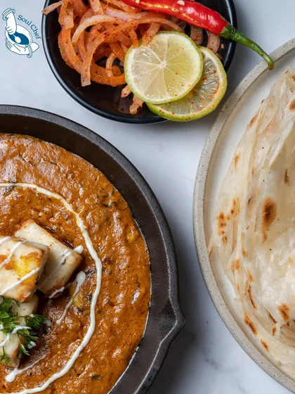 The classic combination of Paneer Makhani and Laccha Paratha. Our version features soft paneer in a rich, creamy tomato gravy, a must-have for any Indian wedding menu.