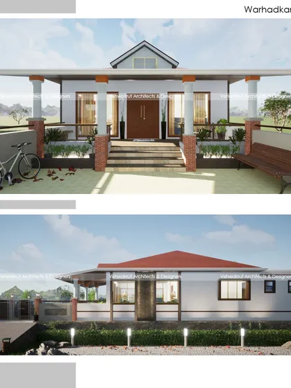 A collage showing two elevation options for the 'Warhadkar's House' in Kudal. This demonstrates our process of working with clients to finalize the perfect exterior look.