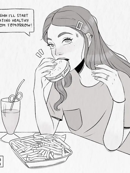 The grayscale sketch of my 'diet starts tomorrow' illustration. I often start with a detailed sketch like this to lock in the composition and expression before moving to color.