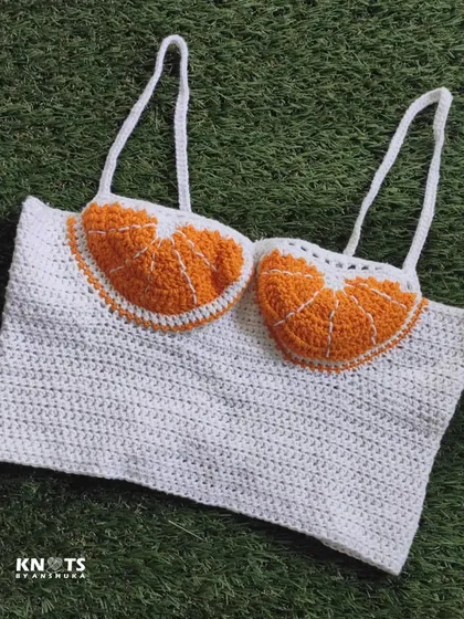 My super fun crochet fruit top. The cups are designed to look like little orange slices, perfect for a quirky summer look.
