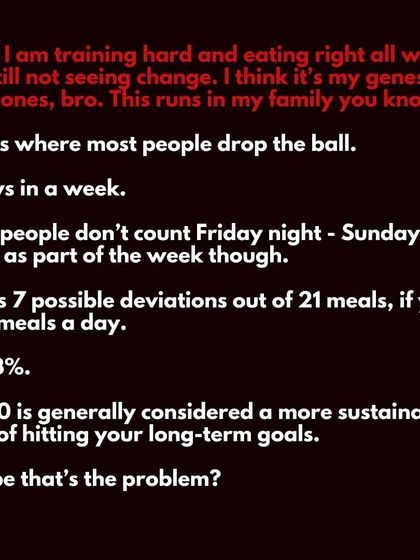 Still blaming your genes or hormones? The problem is your weekend. You don't count Friday night to Sunday night, but your body does. That's 33% of your meals. The 80-20 rule is for sustainability, not for going wild every weekend.