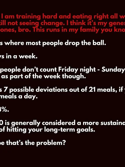 Still blaming your genes or hormones? The problem is your weekend. You don't count Friday night to Sunday night, but your body does. That's 33% of your meals. The 80-20 rule is for sustainability, not for going wild every weekend.