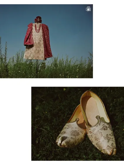 The groom's attire is just as important. This creative shot showcases the groom's sherwani and traditional jutti in a natural, outdoor setting, highlighting the craftsmanship and style.