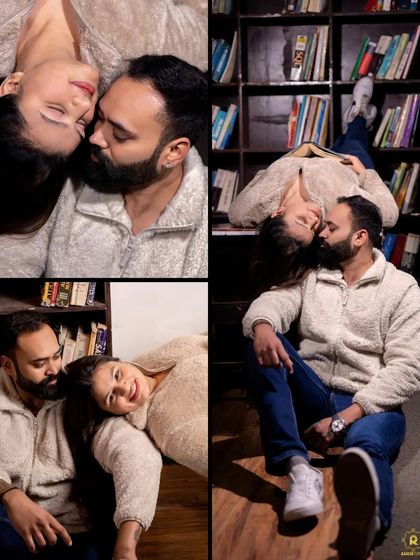 A collage of intimate and artistic poses in our library set. From lying on the floor to close-up embraces, this shows the variety of romantic shots we can create.
