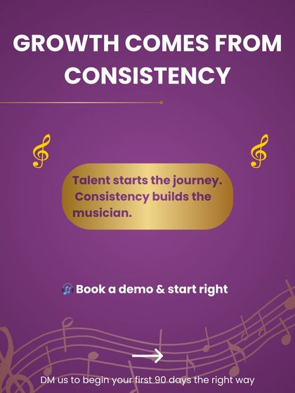 Growth in music comes from consistency. This image shares the simple truth that while talent starts the journey, it is consistency that builds the musician. It's an invitation to book a demo and start right.