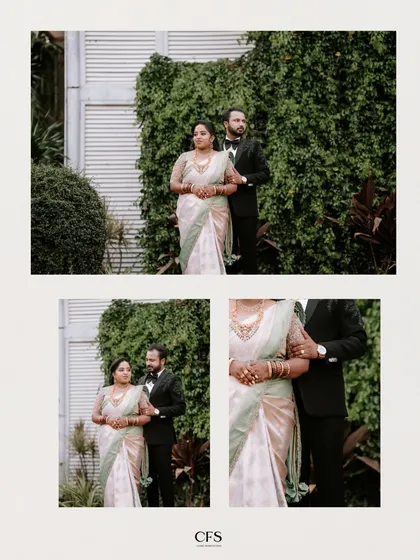 A collage of a couple's reception portraits against a vibrant green backdrop. These images showcase their classic style and happy connection.