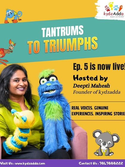 A promotional graphic for Episode 5 of our podcast, featuring host Deepti Mahesh with a guest and their puppets, promising real voices and inspiring stories.