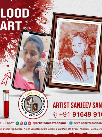 This promotional image highlights the process of turning a photo into a blood art portrait. It is a unique service that offers a deeply personal way to capture memories.