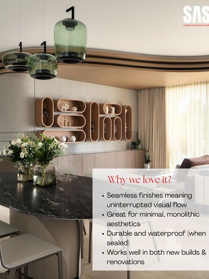 Here, I've highlighted the reasons I often choose micro cement. It allows for uninterrupted visual flow, is perfect for minimal aesthetics, and can be applied in both new builds and renovations, making it an incredibly flexible design tool.