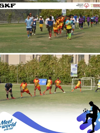 Young athletes warming up for the Special Olympics Bharat selection matches. We provide a professional and supportive environment for all athletes to perform their best.